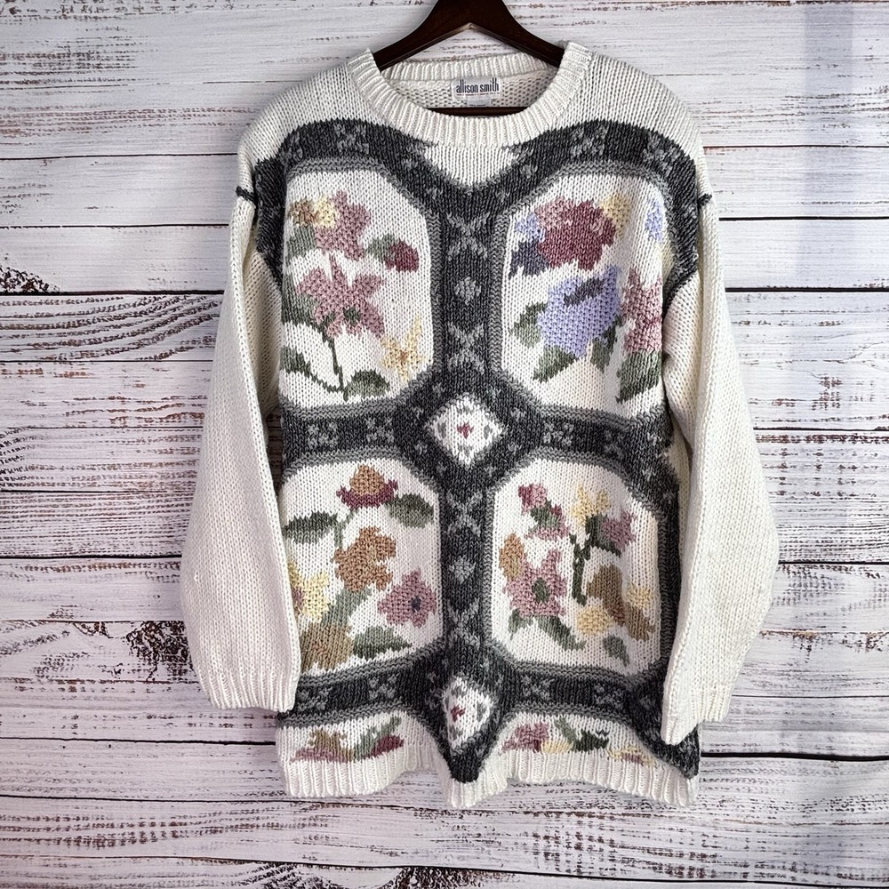 Vintage 80s Sweater L Floral Geometric Granny Kitsch Tunic Cream Gray Pink - Picture 12 of 12